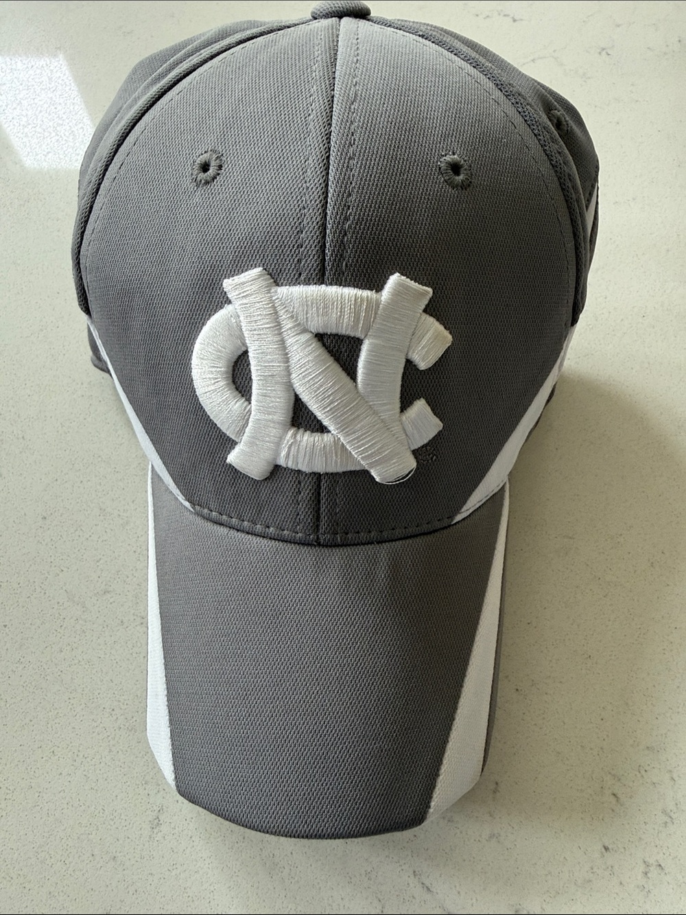 Fitted Gray and White Baseball Cap with Embroidered North Carolina Logo
